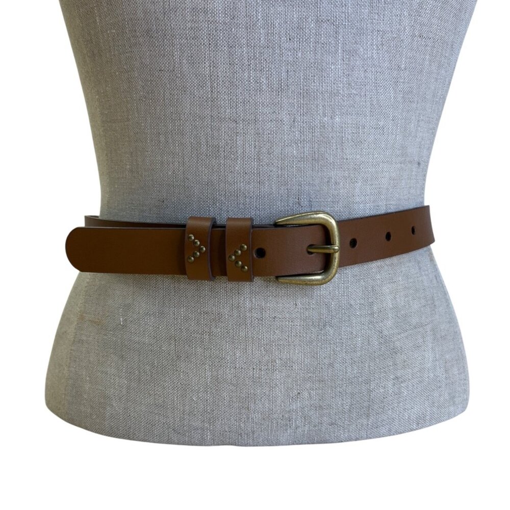 Brown Leather Belt W/ Brass Buckle & Rivet Detail Adjustable Holes Casual/Busine